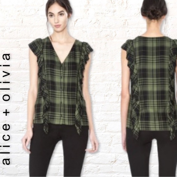 ALICE + Olivia Womens Janet Side Ruffle Blouse In Army / Black Size XS Plaid - Picture 2 of 8
